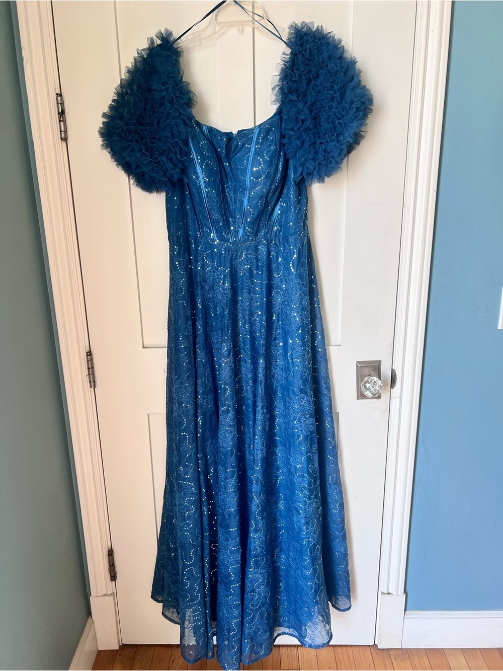 XUIBOL Teal Tulle Gown Bridgerton Regency Puff Sleeve Sequin Lace Maxi Dress XL